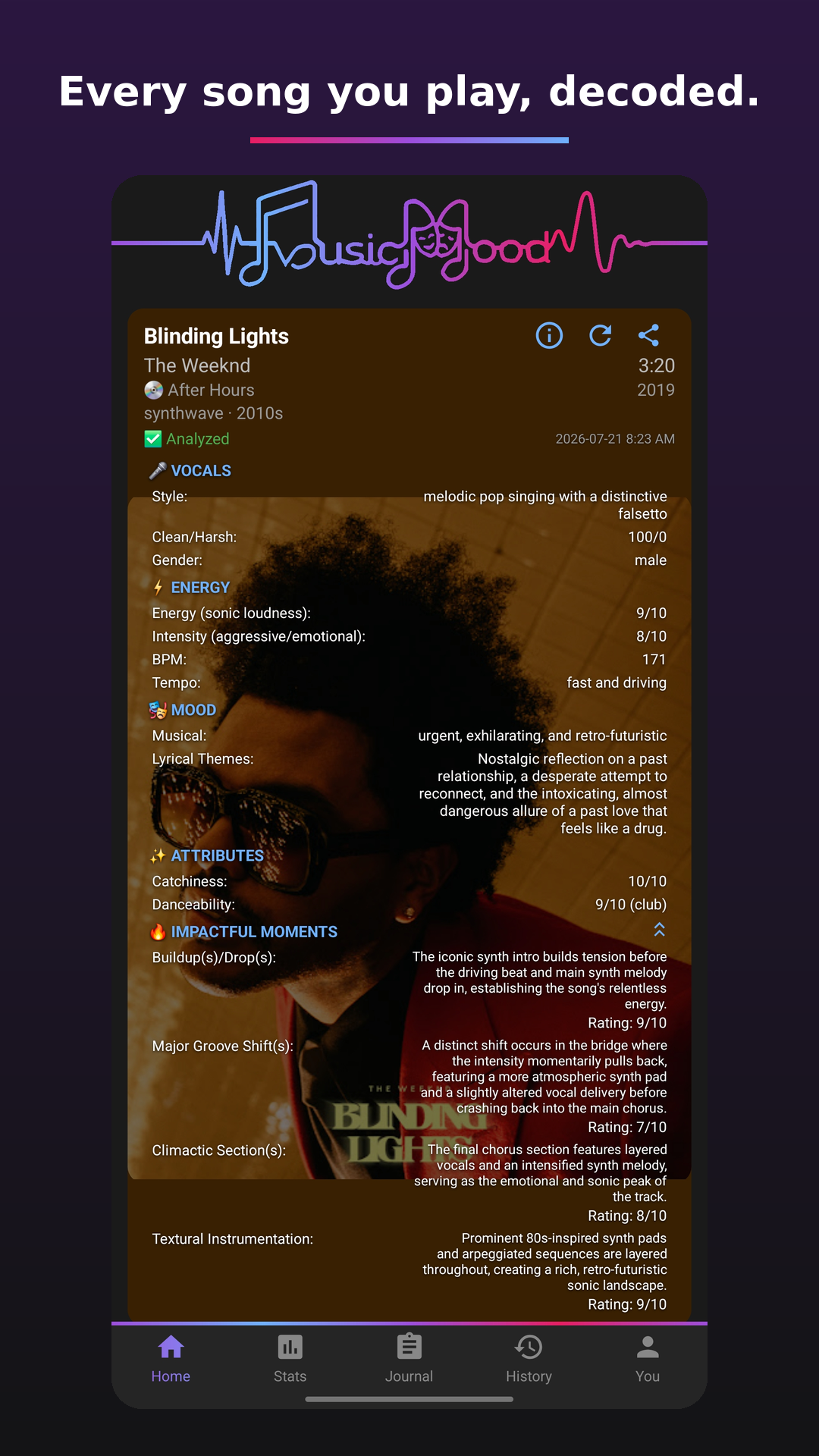 Now Playing screen with a fully analyzed song card