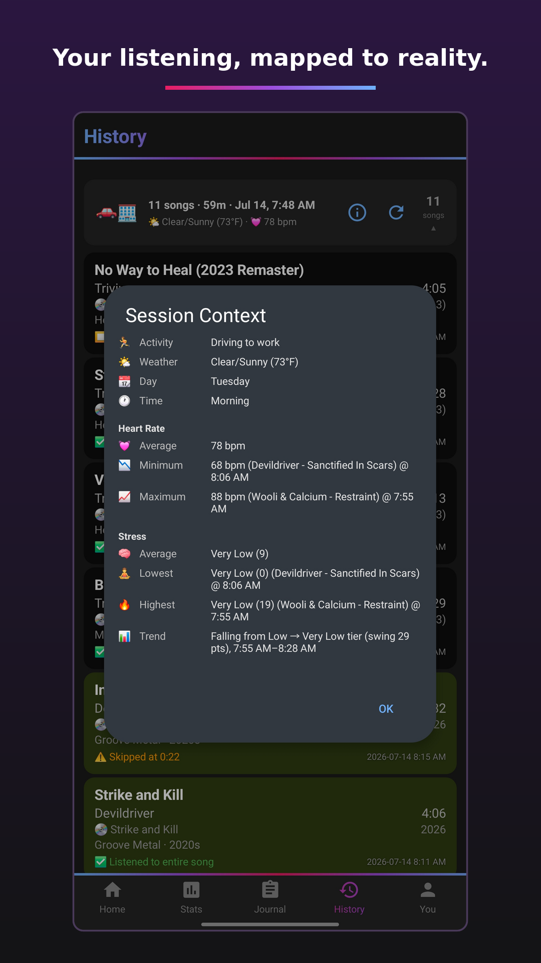 Session context with weather, heart rate, and activity